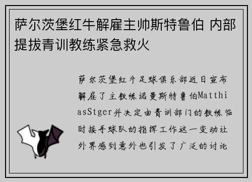 萨尔茨堡红牛解雇主帅斯特鲁伯 内部提拔青训教练紧急救火